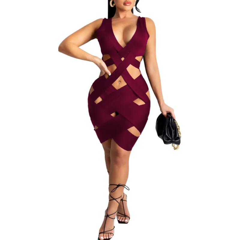 

Соблазнительная Клубная одежда, летнее женское черное мини-платье, однотонные бандажные платья без рукавов с глубоким V-образным вырезом и ...