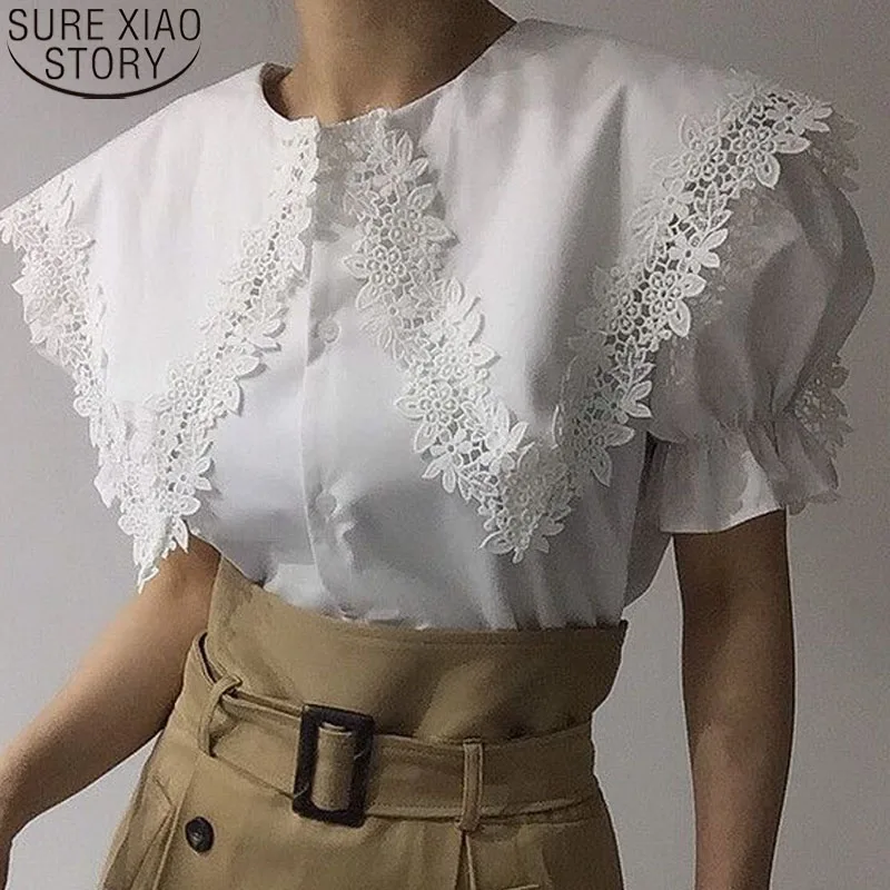 

2022Summer Korean Fashion Shirt White Tops 2022New Loose Casual Women Short Sleeve Lace Blouse Office Clothing Chic 14610
