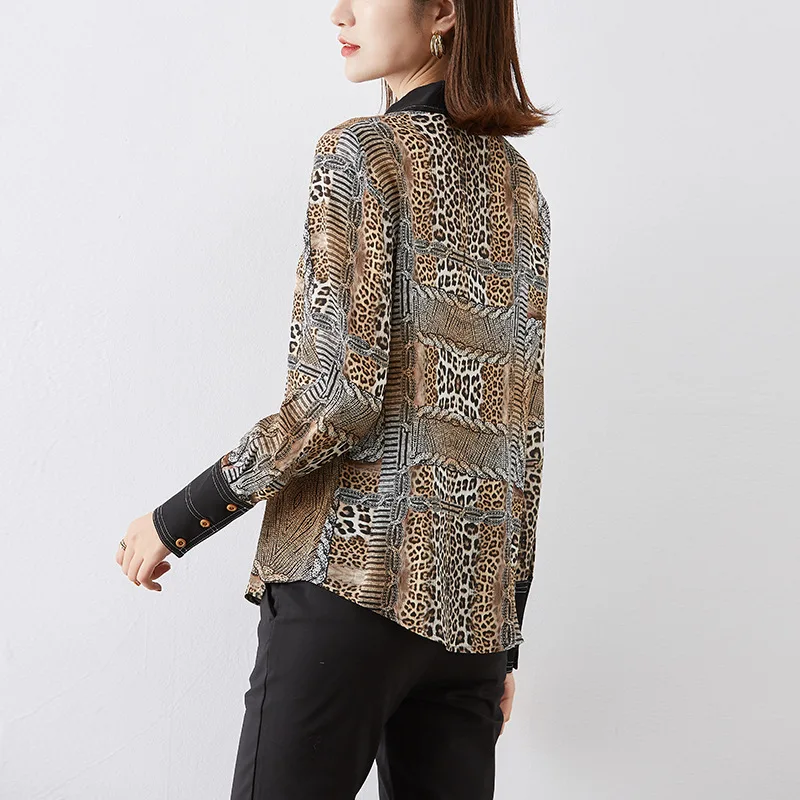 Женская рубашка с леопардовым принтом Повседневная блузка из натурального шелка