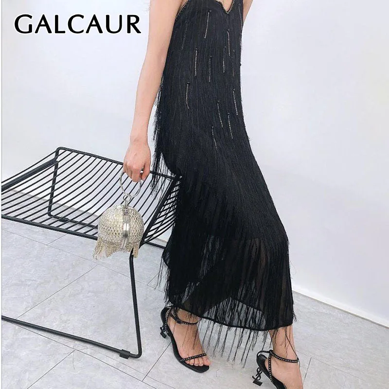 

VGH Sexy Black Patchwork Tassel Sling Dress For Women V Neck Sleeveless High Waist Midi Dresses Female 2021 Summer Fashion Style