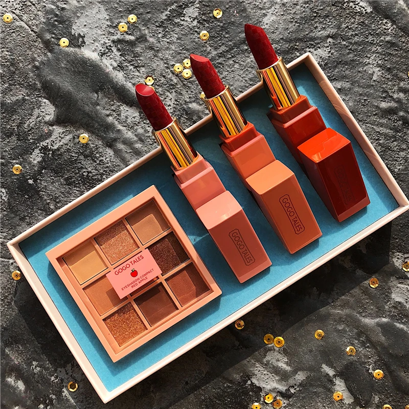 Набор для макияжа мерцающие матовые блестящие тени век палитра + помада с