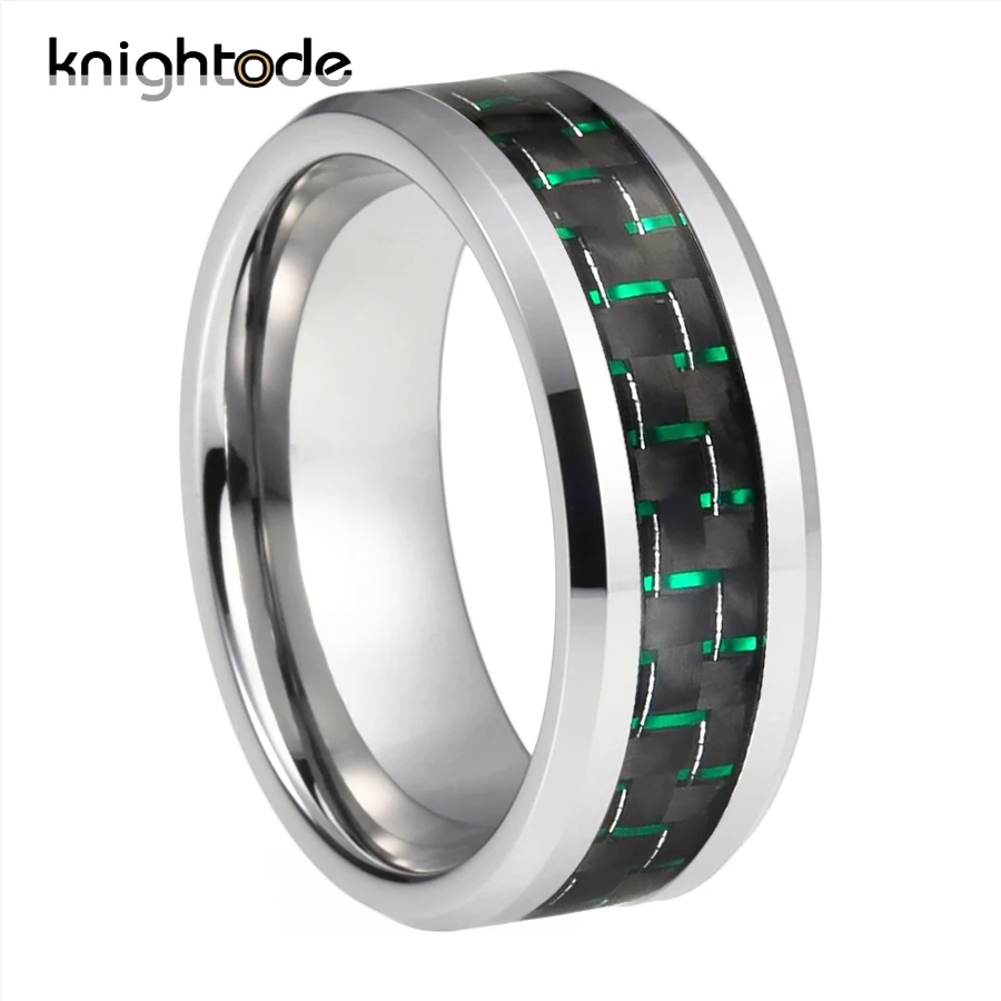 

8mm Trendy Tungsten Carbide Rings Green/Black Carbon Fiber Inlay For Elegant Ring Men Female Wedding Band Surface Beve Polished