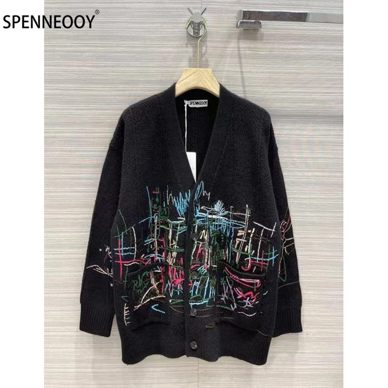 

SPENNEOOY Designer Brand Autumn Winter Cashmere Knitting Outwear Women Single-Breasted Embroidery Sweater Overcoat