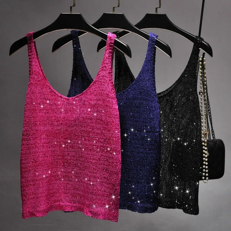 

Sexy V-neck sequined knitted Tanks tops Women Bronzing shiny Camis Hollow Club Beading knitted Vest camisole Party Tops 2018