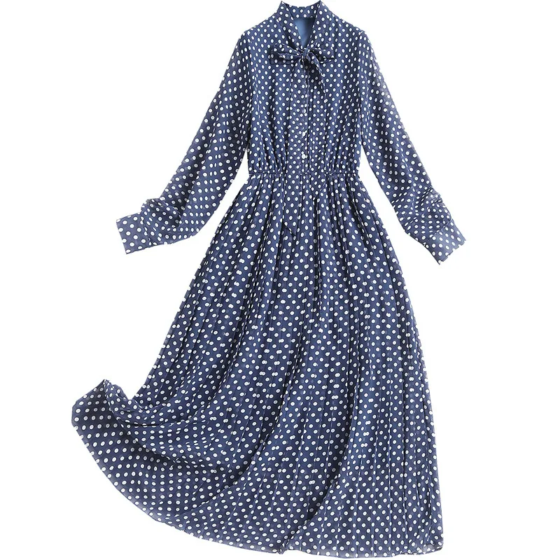 

Shuchan Vintage Dot Chiffon Dresses Women Mid-Calf Spring/Autumn Bow Collar Maxi Dress 2021 New Dresses for Women Party