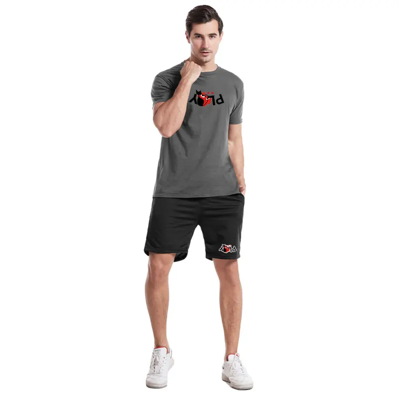 

Summer 2021 Cotton Casual Sports T Shirt Suit Pure Color Short Sleeve Round Collar Sweatshirt+Sweatshorts Two-piece