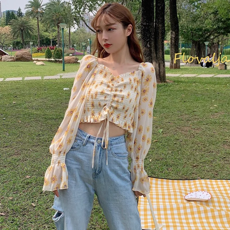 

Women's Fashion Square Collar Sexy Sweet Pleated Small Floral Print Short Chiffon Shirt