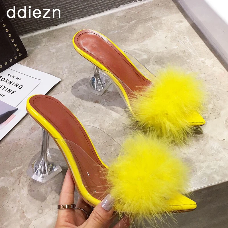 Женские туфли лодочки новые меховые прозрачные из ПВХ с перьями и кристаллами на