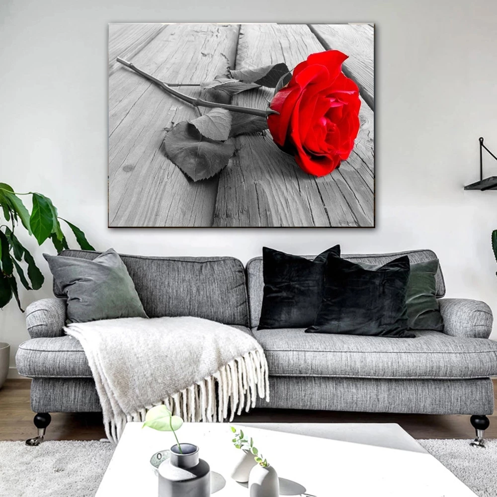

Modern Romantic Wall Art Black and White Background Red Rose Poster and Print Canvas Painting for Decorating Living Room