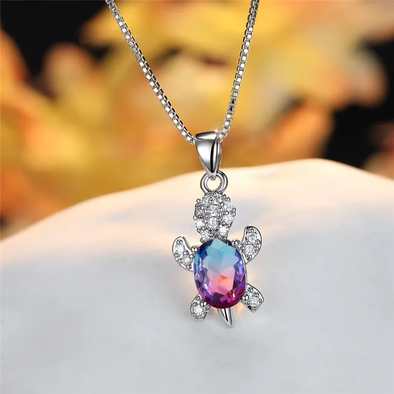 

Blue Purple Oval Zircon Pendant Rainbow Stone Cute Turtle Necklaces For Women Jewelry Multicolored Crystal Animal Necklace