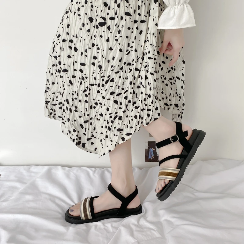 

ELLALEE Women Sandals Summer Casual Striped Rubber Buckle Strap Casual Shoes Flat Non-slip Fashion Comfort Sandals