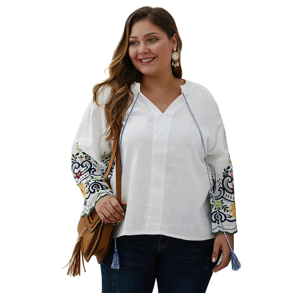 Женская хлопковая блузка большого размера осенняя Цветочная вышивка длинный