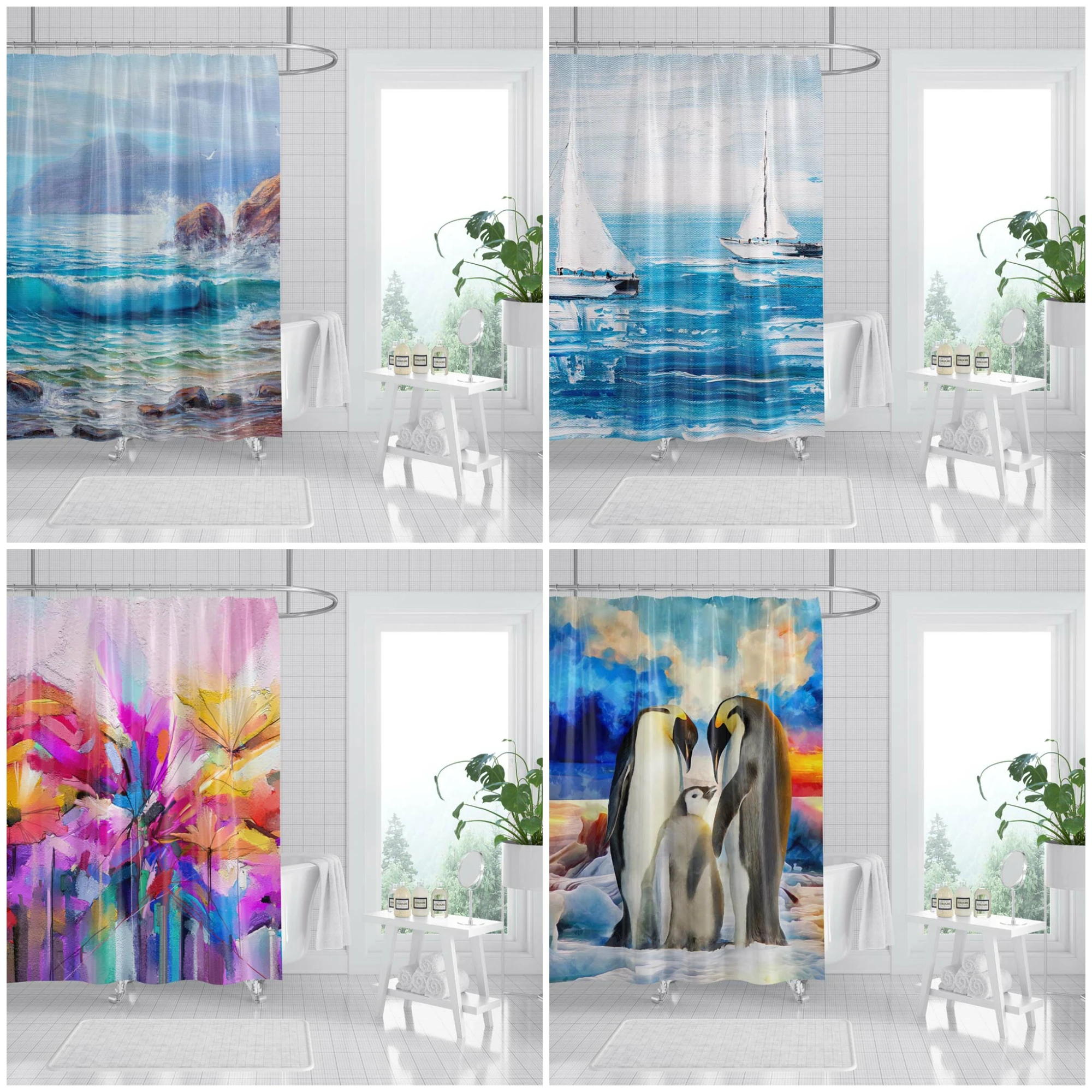 

Beach Scenic Shower Curtain White Oil Painting Boat Bath Screen Waterproof Polyester Bathtub Curtains Decor Home Bathroom