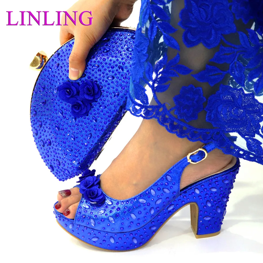 Italian Design High Heel Fashion Style Hot Selling Ladies Shoes and Bag Set Decorated With Rhinestone in Royal Blue for Party