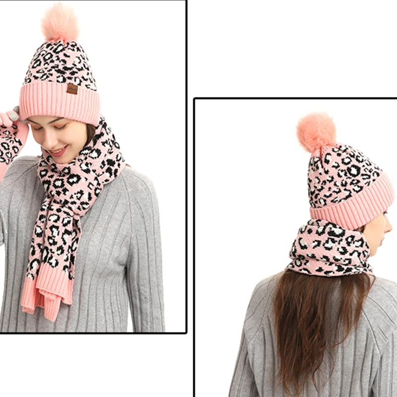 

Women Winter 3Pcs Beanie Hat Long Scarf Touch Screen Gloves Set Leopard Thick Plush Lined Knit Cuffed Pompom Skull Cap