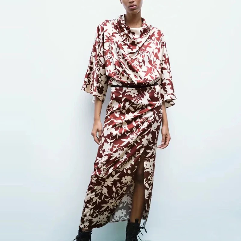 

WXWT Za 2021 Autumn Women's Set Floral Print Bodysuit And Midi Skirt Ladies High Street Sets OZZ1287