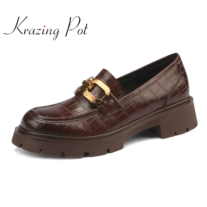 

krazing pot cow split leather round toe med heel metal decoration preppy style retro fashion deep mouth classic women pumps L82