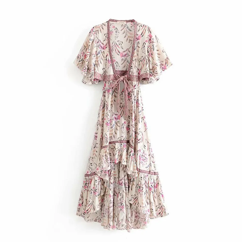 

New Bohemian Dress Tide Bow Sashes Hollow Out Waist Dress Ethnic Woman Deep V-neck Floral Print Short Sleeve Swallowtail Dresses