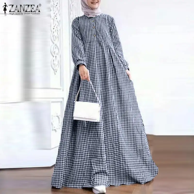 2022 стильное мусульманское длинное платье Весна-Осень Модное Элегантное повседневное платье ZANZEA на пуговицах в клетку с длинным рукавом Каф...