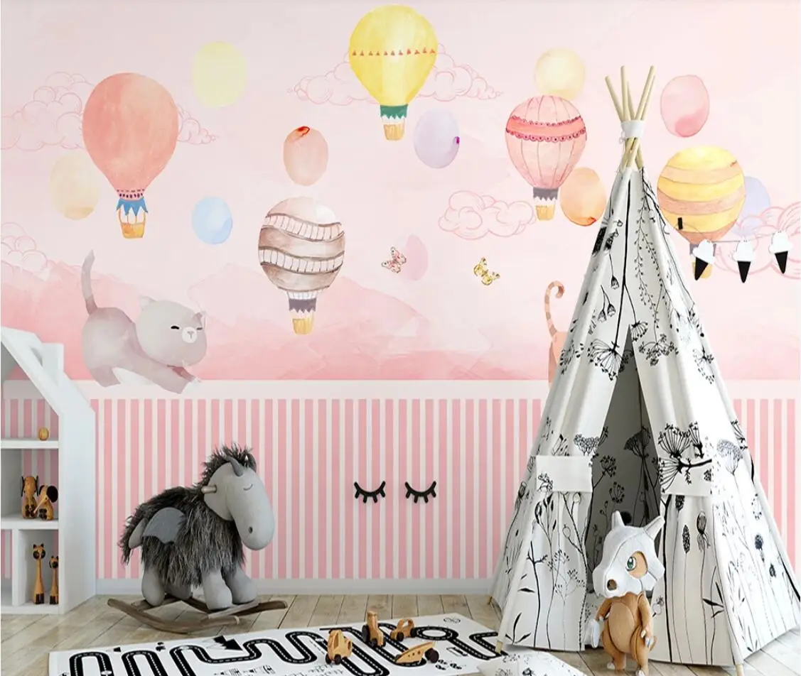 Pink Hot Air Balloon Wall Mural for Kids Bedroom Wallpaper Large Photo Printed Papers Home Decor Papel De Parede Customize | Обустройство
