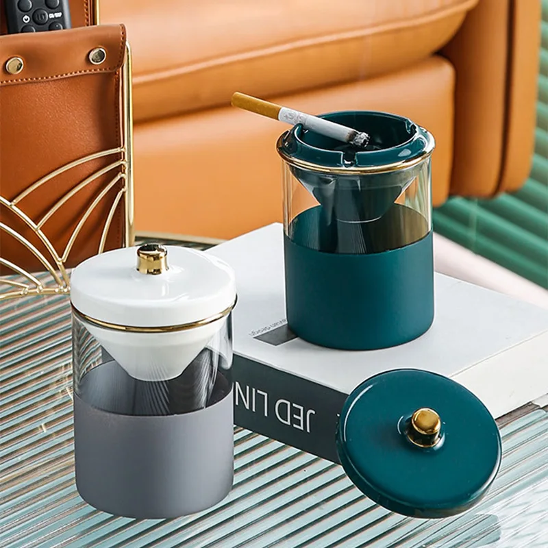 

Керамическая портативная стеклянная пепельница для дома, офиса, рабочего стола, гостиной, автомобильная пепельница с ветрозащитной крышко...