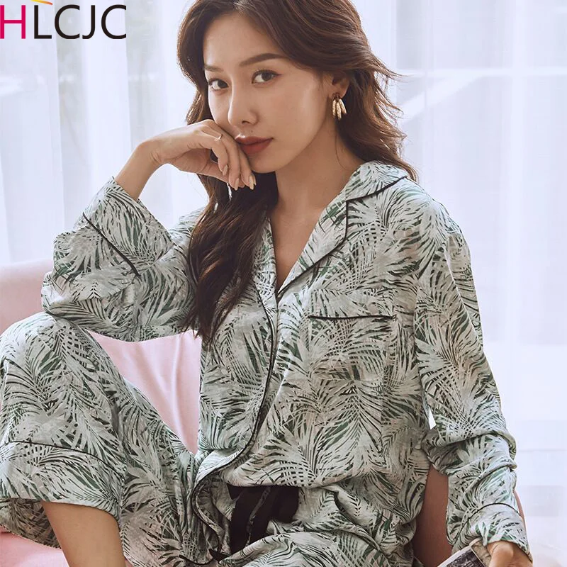 

2 Pieces Autumn Women Sleepwear Faux Silk Satin Green Plants Pajamas Set Long Sleeve Pajamas for women Ladies Pyjamas Femme