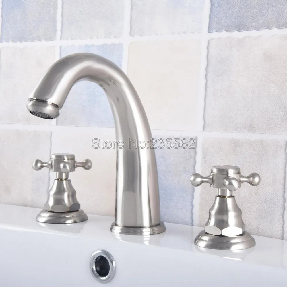 

3 Hole Widespread Bathroom Sink Faucet Deck Mounted Dual Handle Hot Cold Water Mixer Tap Brushed Nickel Finished Lnf695