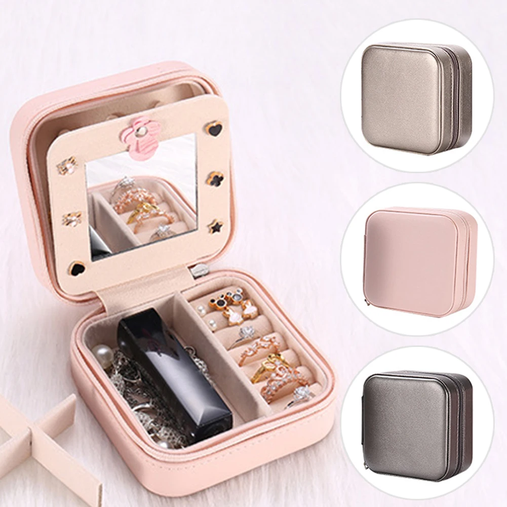 

Jewelry Organizer Faux Leather 2-Layer Portable Jewelry Box for Earrings Necklaces Rings with Makeup Mirror Storage Accessories