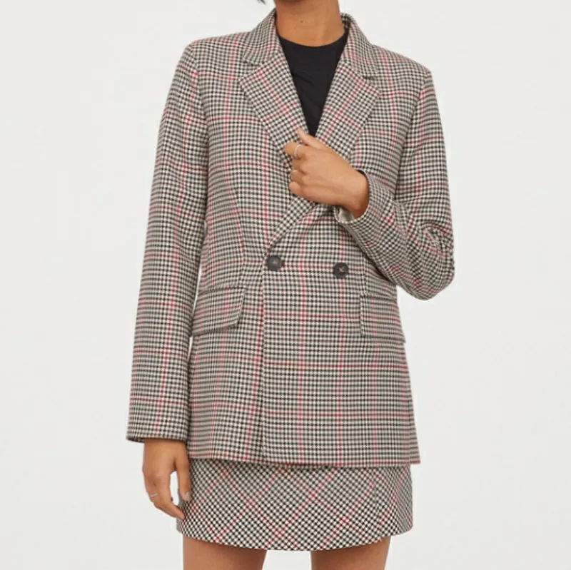 Офисный женский двубортный пиджак с рисунком гусиные лапки пальто винтажный