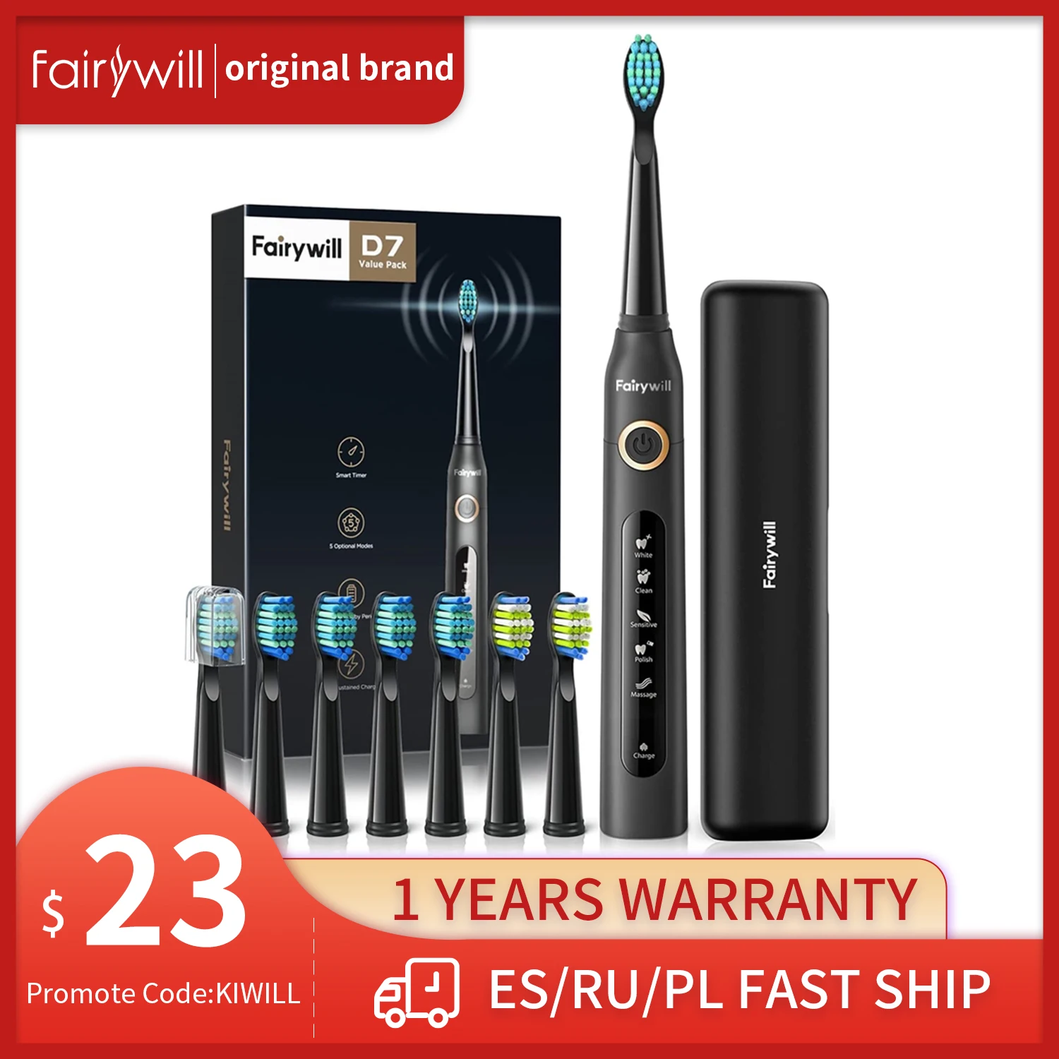 

Fairywill Electric Sonic Toothbrush FW-507 USB Charge Rechargeable Waterproof Electronic Tooth 8 Brushes Replacement Heads Adult