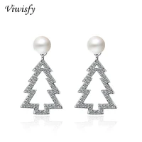 viwisfy christmas tree crystal pearl studs vintage solid 925 sterling silver earrings for woman vw21066
