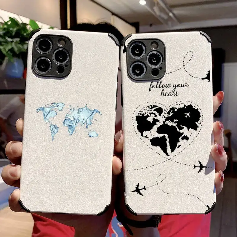 

World Map Travel creative art Phone Case Lambskin Leather For iphone 12 11 8 7 6 XR X XS PLUS MINI PLUS PRO MAX Shockproof