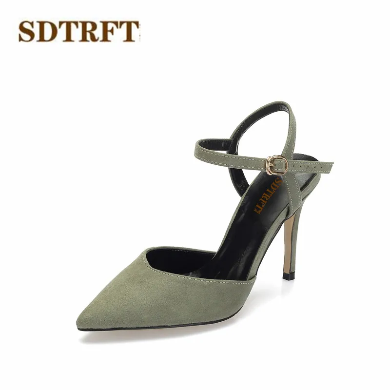 SDTRFT Summer Pumps Buckle shoes woman 10cm Thin high heels zapatos mujer sexy Crossdresser Stiletto Pointed Toe Flock Sandals | Обувь