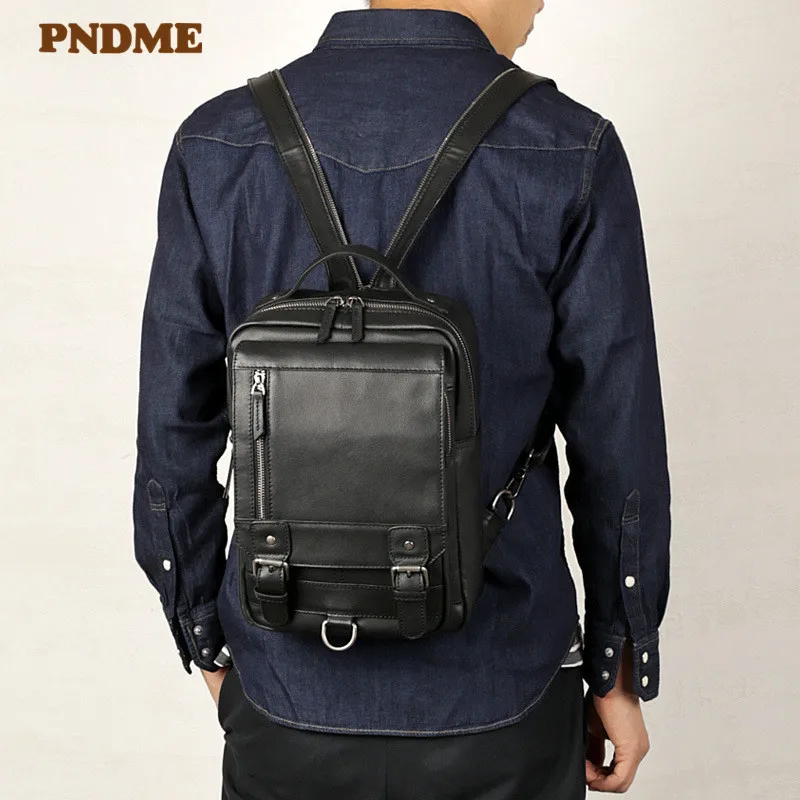 

Рюкзак PNDME из натуральной кожи для мужчин и женщин, Модный повседневный Многофункциональный Маленький ранец с защитой от кражи из воловьей ...