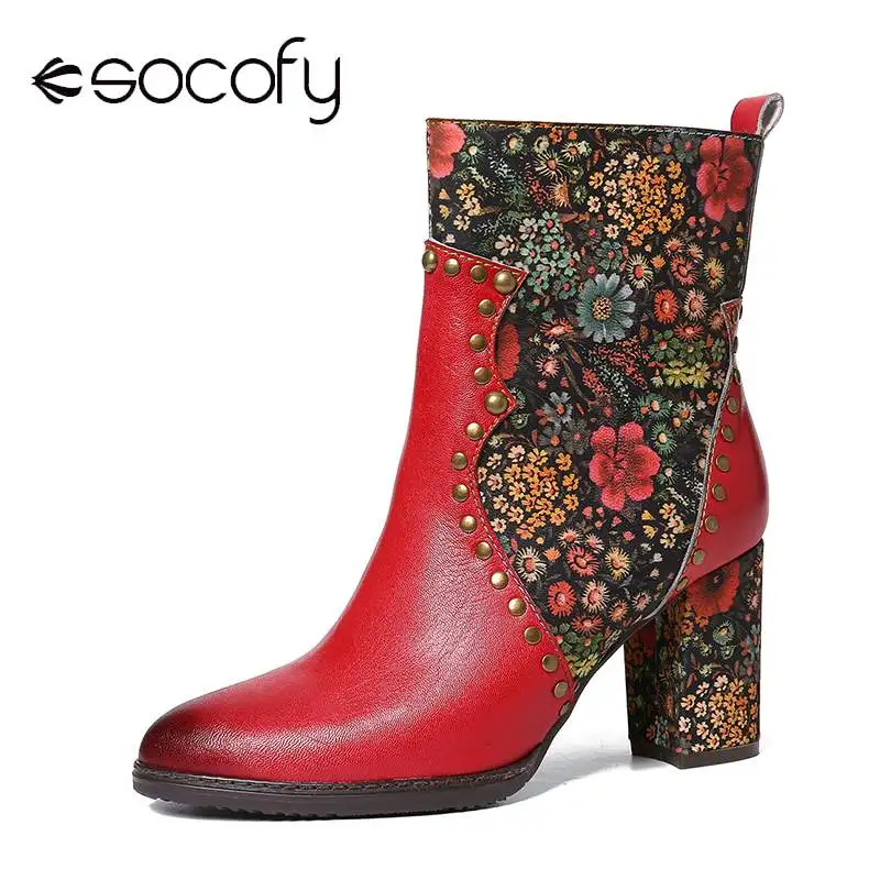 Женские ботинки в стиле ретро SOCOFY красные из натуральной кожи с цветами на