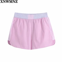 xnwmnz 2021 women patchwork striped summer shorts vintage elastic waist pink short pants fashion high waisted shorts feminino