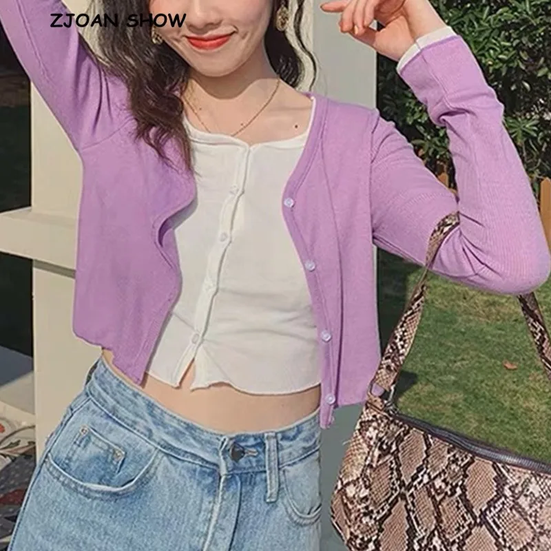 2020 Women Knitted False 2pcs Cropped Long sleeve T-shirts Vintage V neck Exposed navel Short Knitwear T shirt Tops | Женская одежда