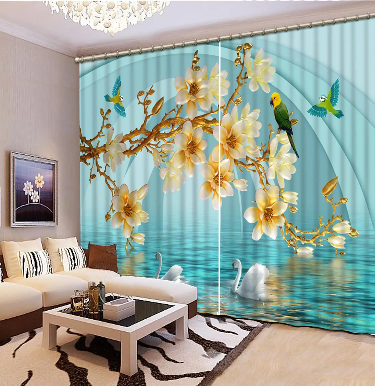 

Custom 3D Beautiful Birdy Floral curtain green curtains blackout curtains for living room Blackout Shade Window 3D Curtains