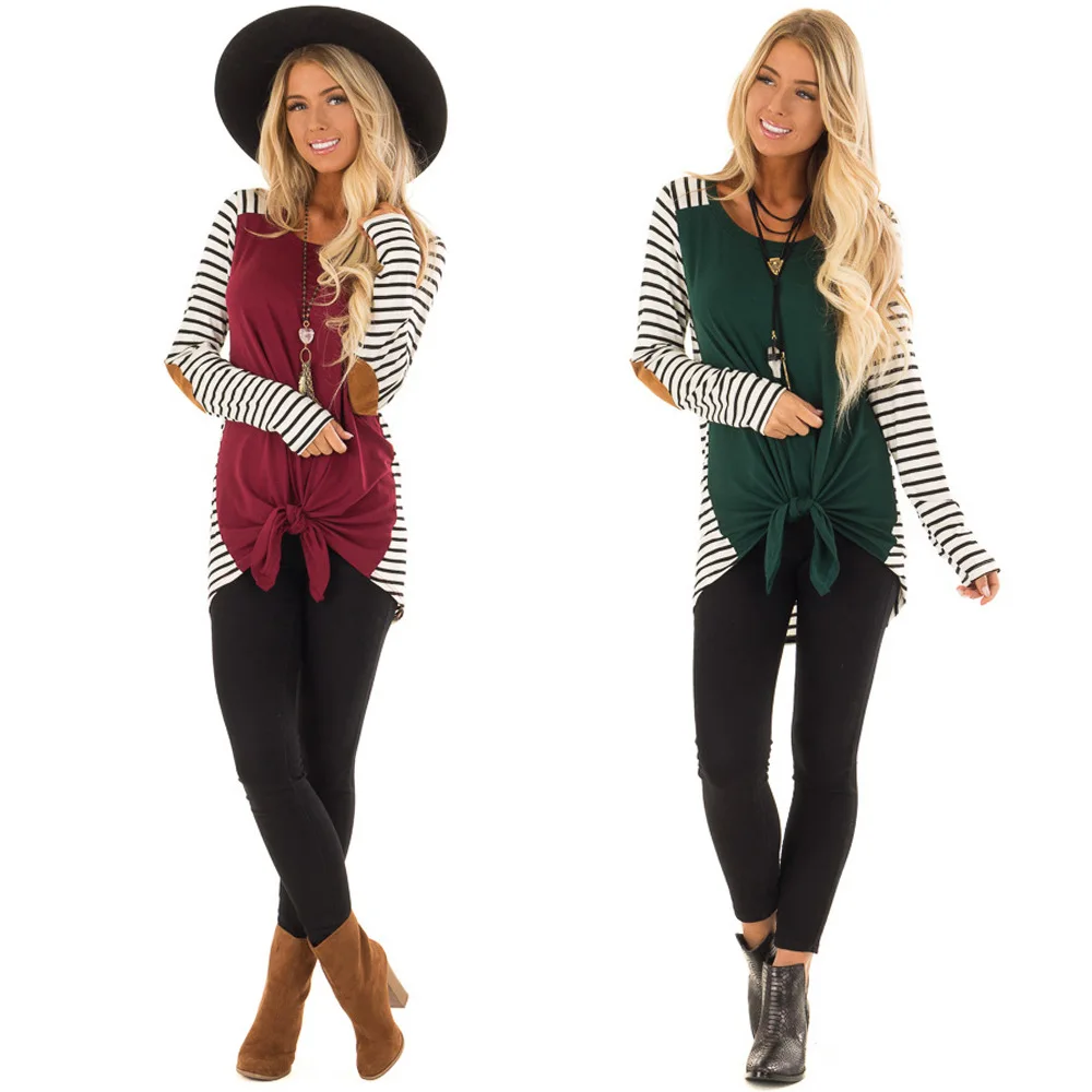 

Горячая Распродажа, базовая полосатая Базовая рубашка с круглым вырезом, узлом и бантом, футболка с длинными рукавами, осенняя женская руба...