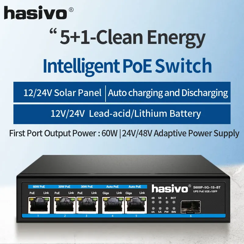 Солнечная энергия PoE переключатель стабильное освещение 5 портов гигабитный