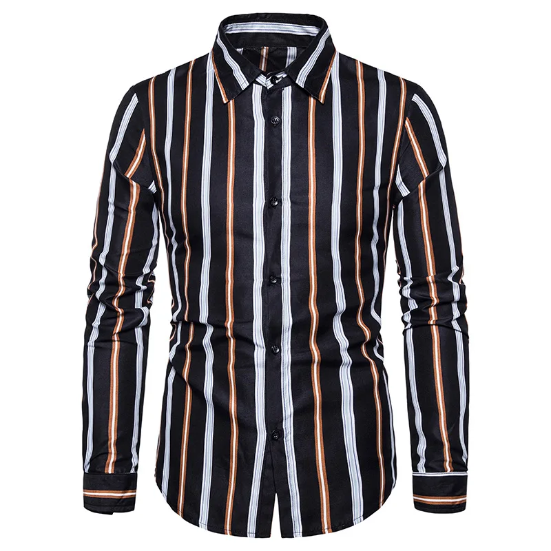 

Men's 2021 Spring and Autumn New Products Long Sleeve Stand Collar Striped Button Shirt Printed Shirt men clothing