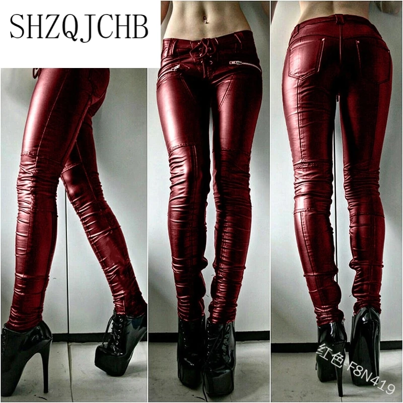 

JCHB Women Punk PU Leather Pants Ladies Vintage Hip Hop Motor Zipper Bandage Ruched Skinny Slim Fit Pencil Trouser
