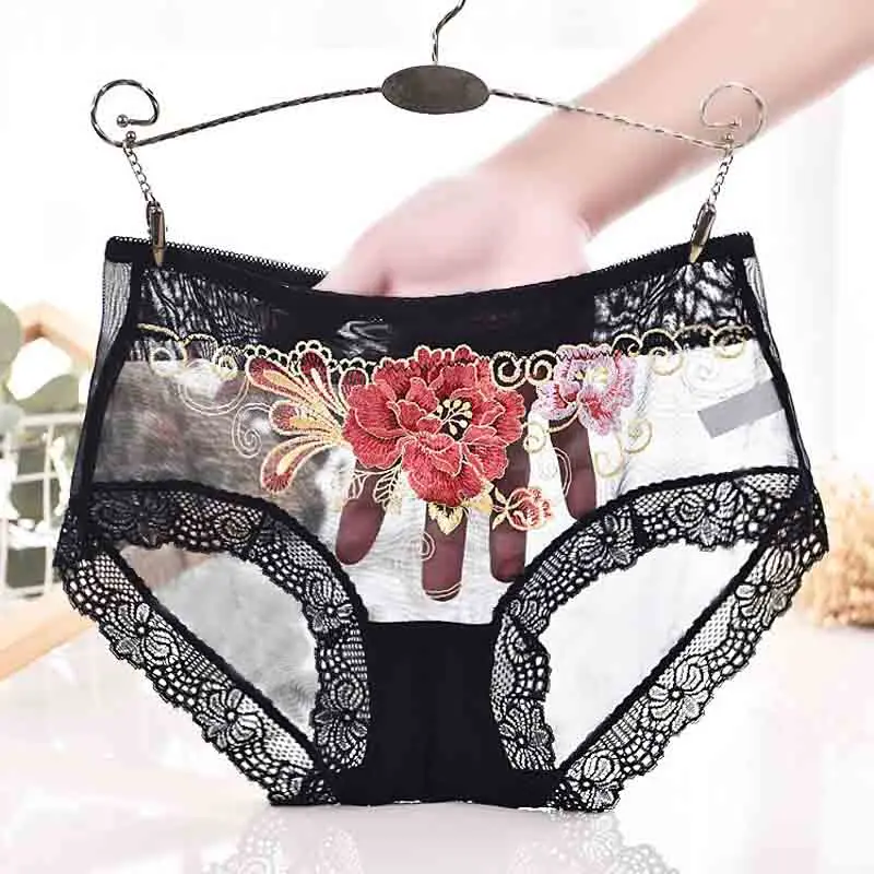 

Sexy Lace Flower embroidery Briefs Lingerie Ultra-thin Transparent Panty Underwear Seamless Intimates Underpants For Women 2021