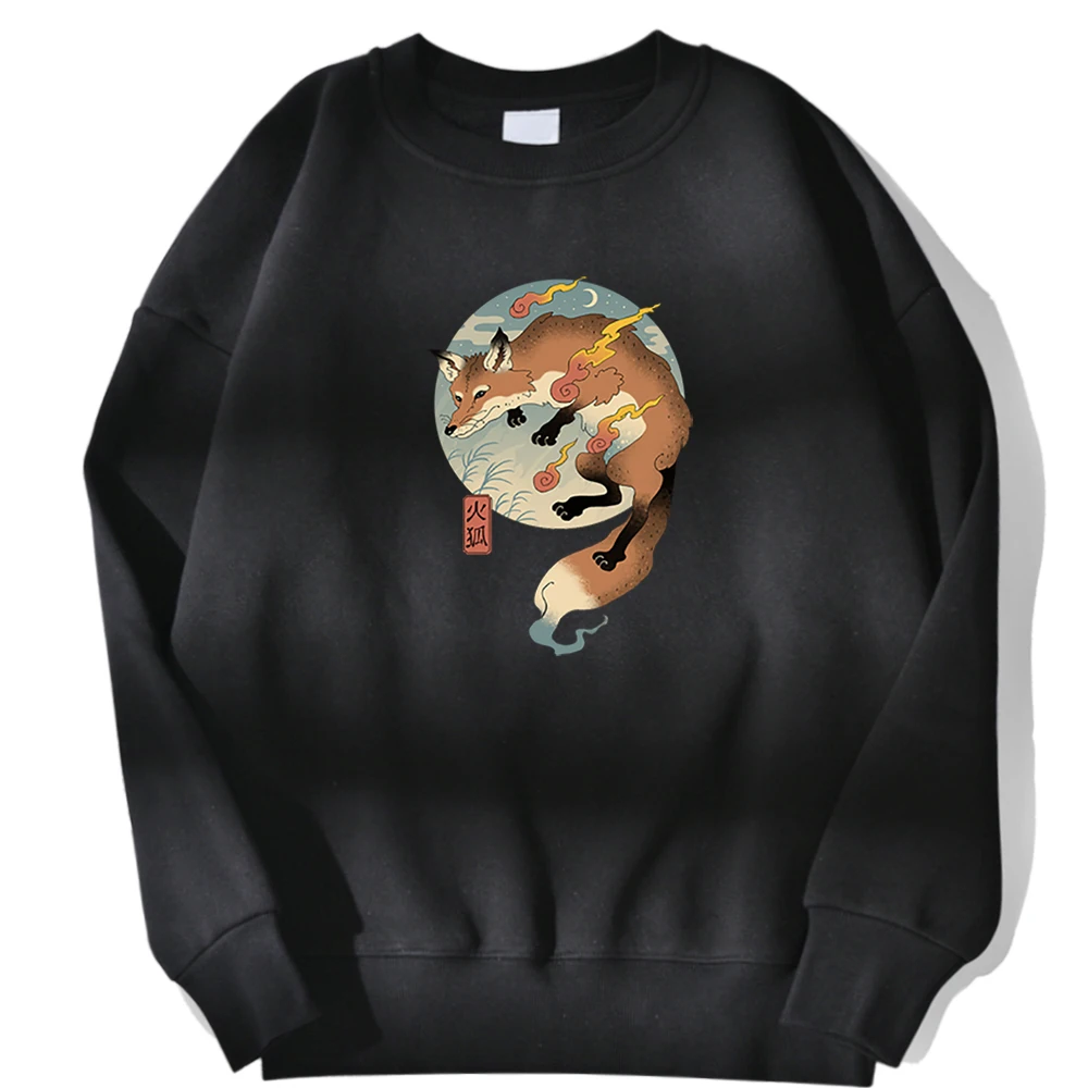 

Sweatshirts Fire Cartoon Fox Japanese Printing New Mens Sweatshirt Retro High Quality Male Hooded Big Size Korean Man Clothing