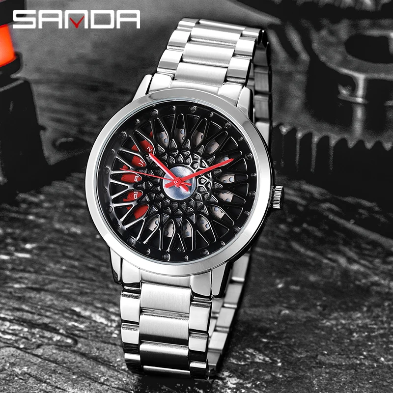

SANDA 2021 Men's Wheel Watch Creative Personality Hollow Watch Sports Watch Waterproof Contour Dial Stainless Steel Watch P1060