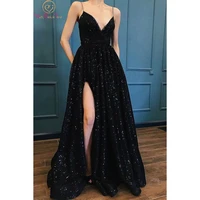 long prom dress sequined bling sparkl strap a line v neck black with slit lace formal party gowns graduation evening dress