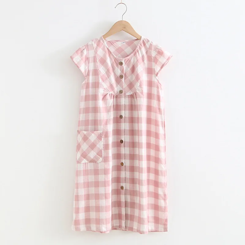 

Women Grid Nightgowns 100% Cotton Yarn Dyed Jacquard Nightshirts Female Sleepwear Summer Sleeveless Sleepshirts Nightdress