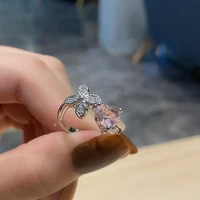 oe korea fashion zircon open adjustable ring female flower pink crystal ear finger ring woman