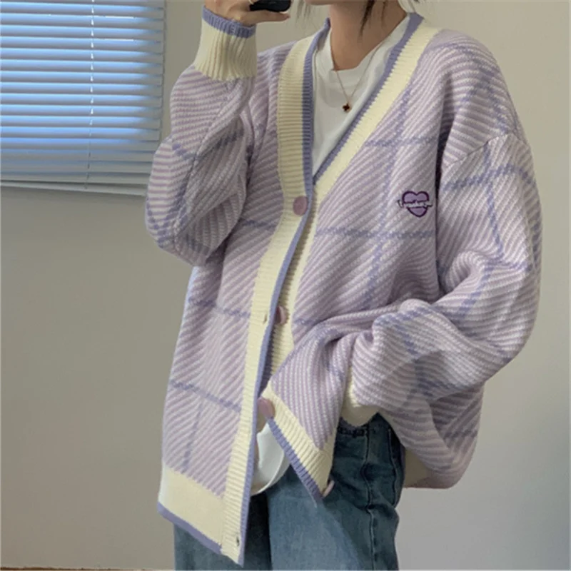 

Purple V-neck Soft Waxy Sweater Women's Autumn 2021 New Korean Loose Lazy Wind Knitted Top Coat Fashion