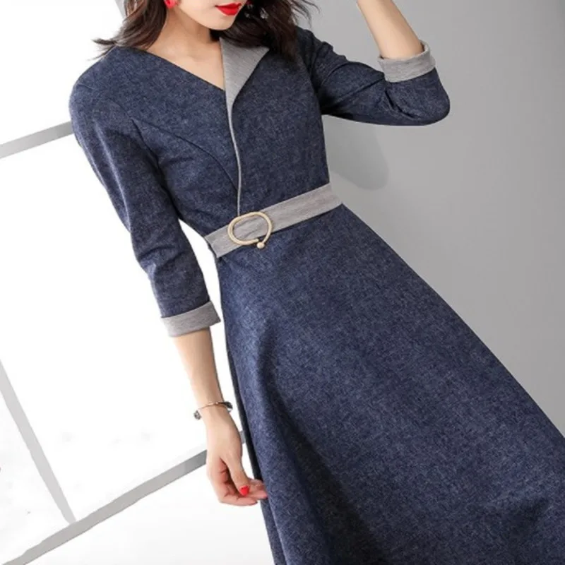 

Azterumi Spring Women Fashion Denim Dress Women Three Quarter Sleeve Midi Dresses OL Work Wear A-line Dress Navy Blue